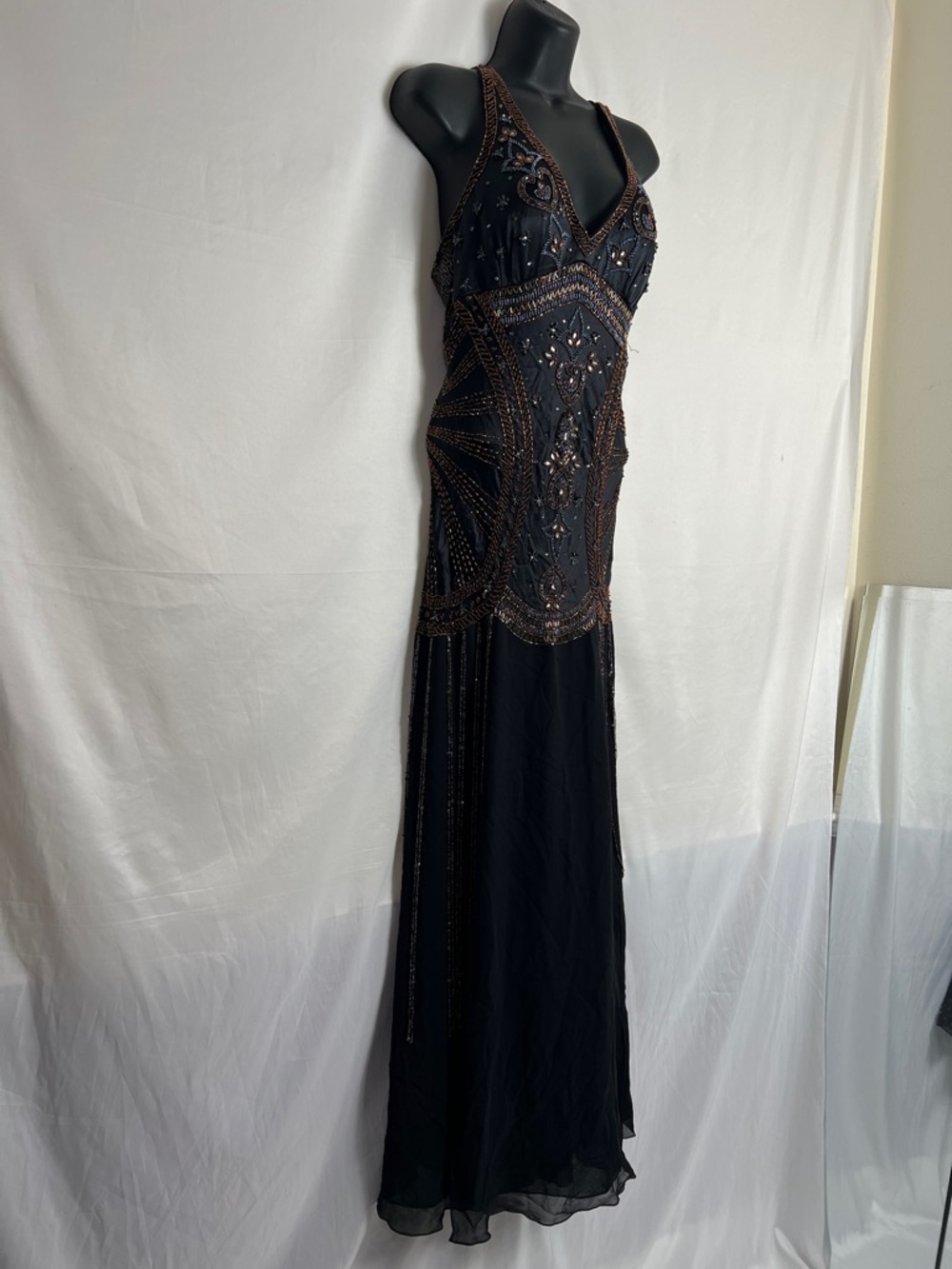 Sue Wong Black Beaded Evening dress with Bronze Accents - Picture 2 of 16